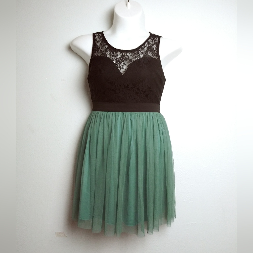 Wet Seal Lace-Tulle Dress Junior 13 Black/Teal  Party Cocktail Casual